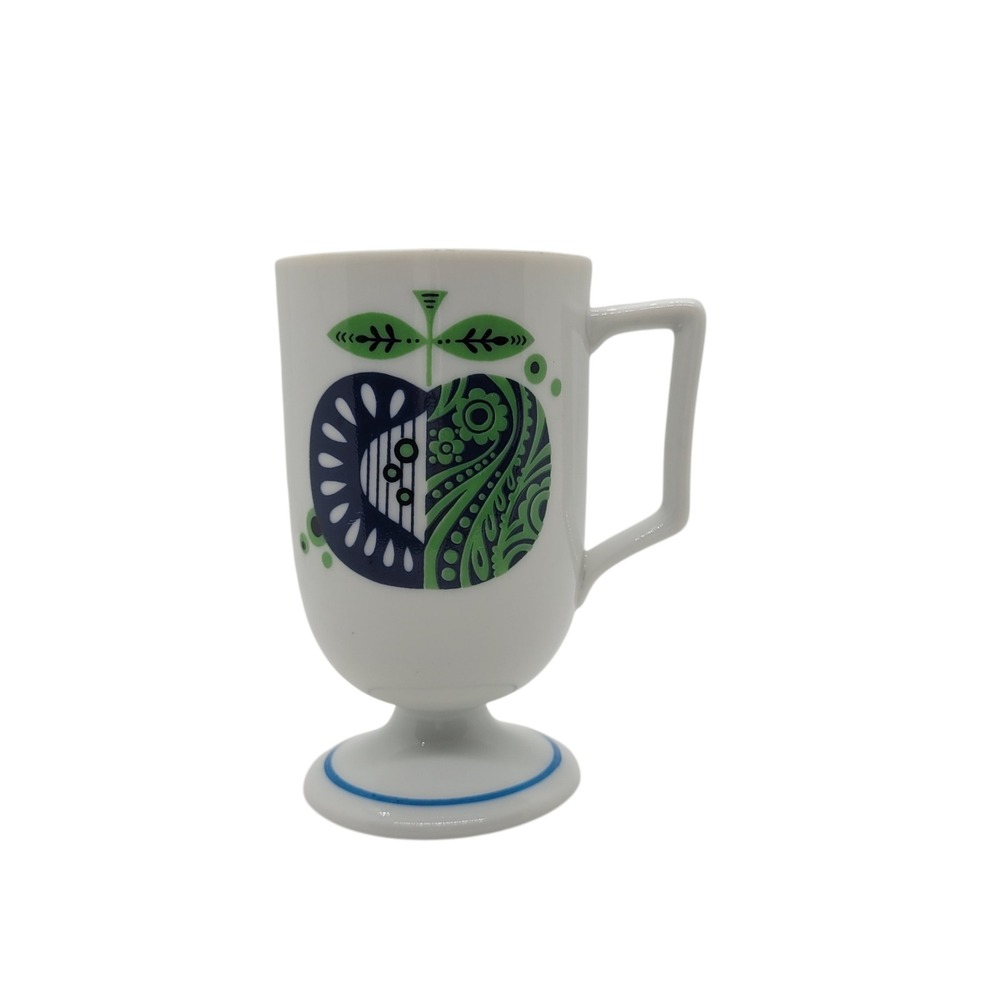 Vintage‎ MCM Footed Apple Mug Green Navy Paisley Ceramic Pedestal Cup